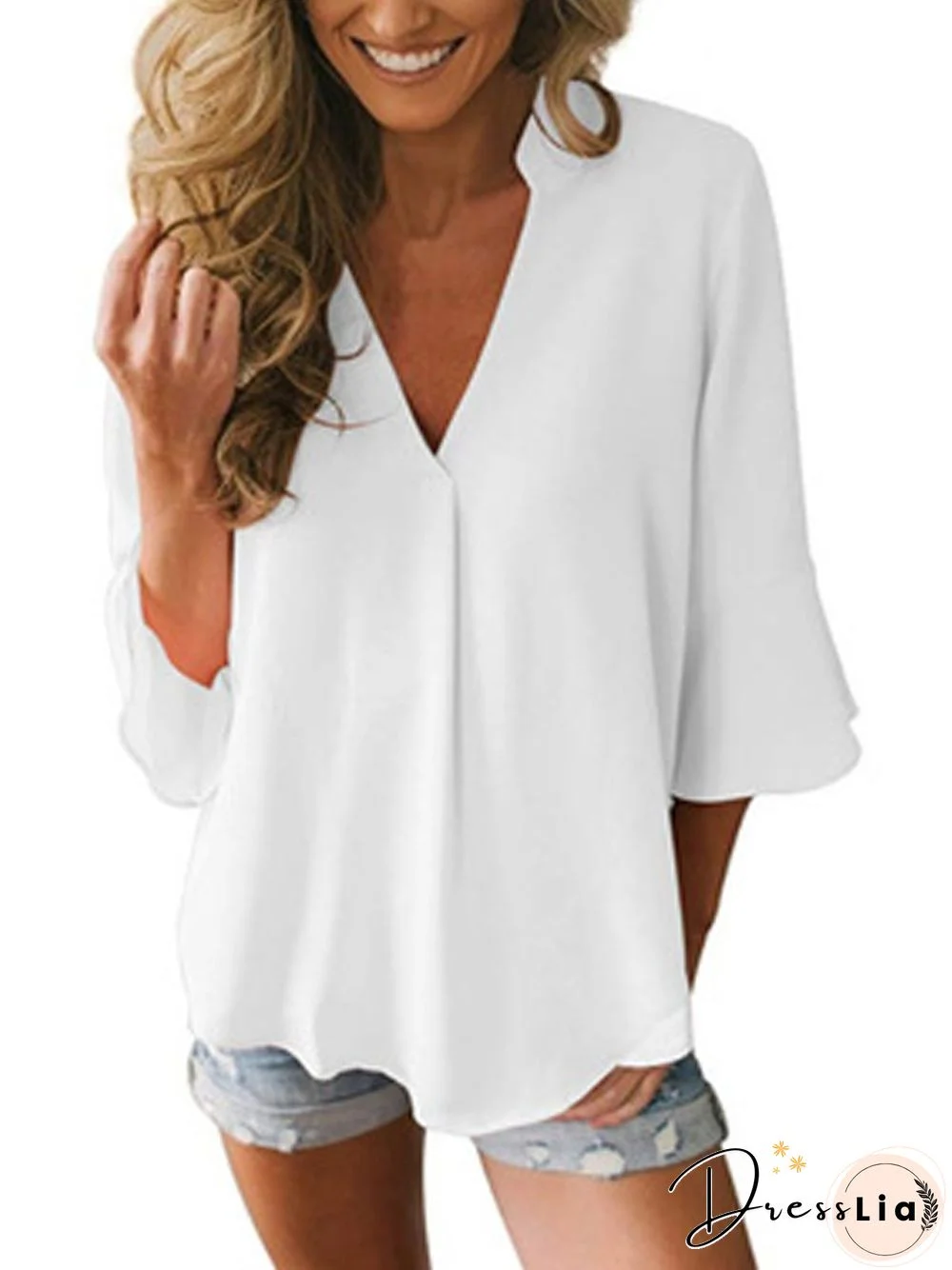 Women Casual Solid 3/4 Sleeve V-neck Tops
