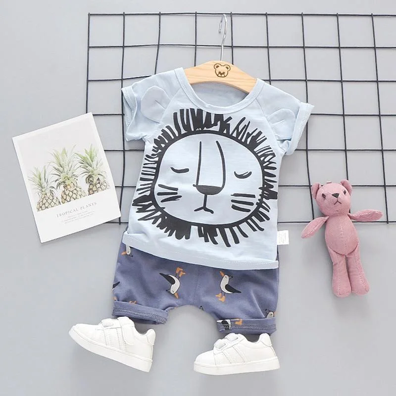 Summer Clothes Kids Toddler Boy girl Shirt Suit 1 2 3 4 Years Lion Set Short Sleeve Cotton Children Clothing Boys Outfit Printed