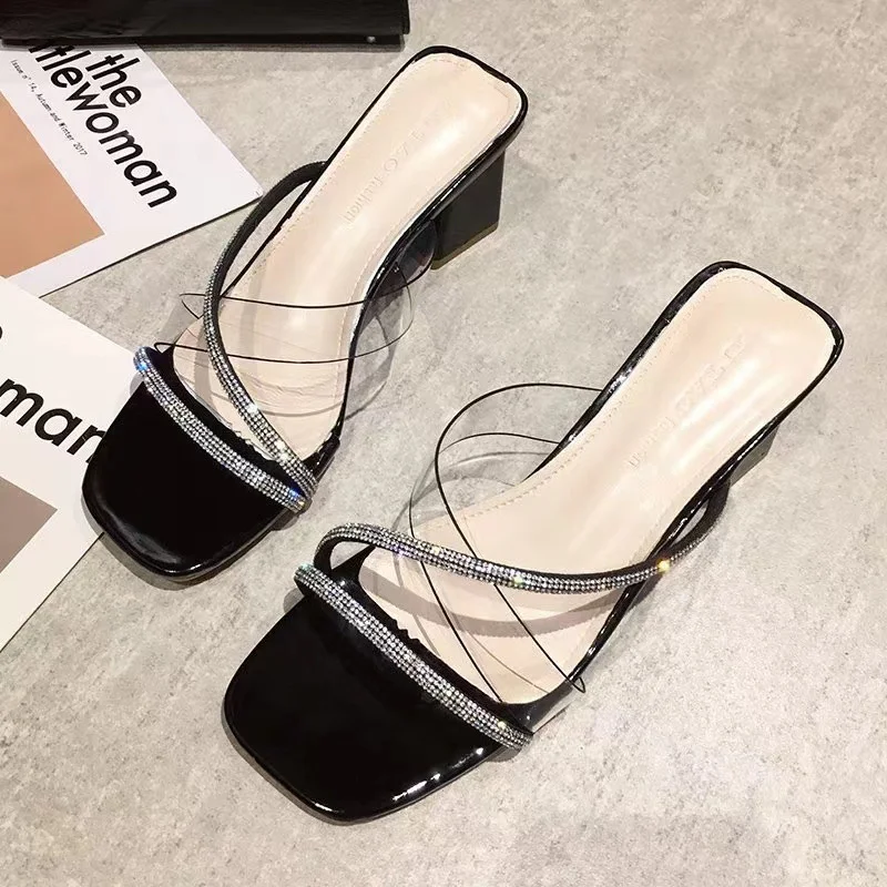 Breakj Breakj New Women's Style Coarse And Slippers Korean Version Of Simple Fashion Transparent Cool Slippers Outside Wearing The Front Half Slippers High