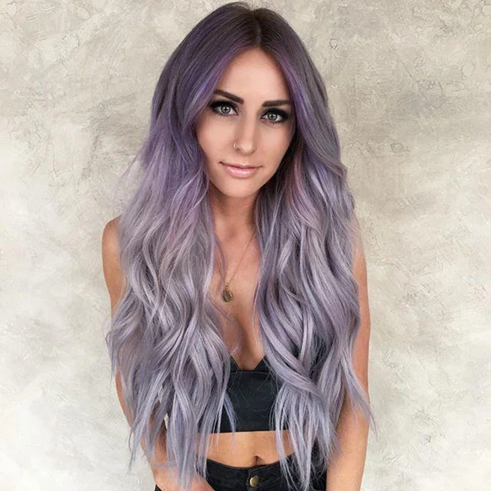 Women's Long Curly Hair European and American Fashion Purple Gray Gradient Medium Score