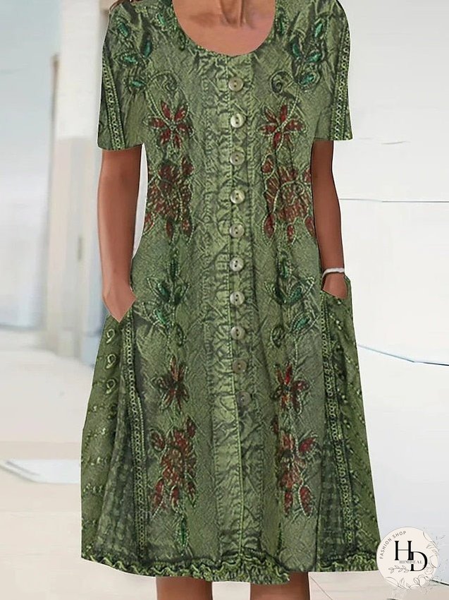 Casual Dress Summer Dress Print Dress Floral Button Pocket Crew Neck Midi Dress Active Fashion Outdoor Date Short Sleeve Regular Fit Green Summer Spring S M L XL XXL for Women