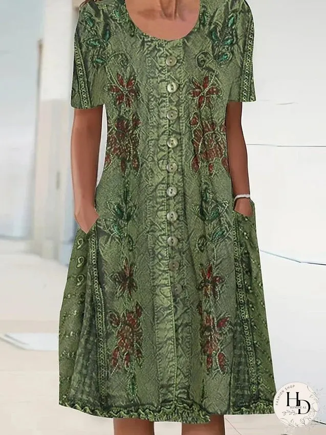 Casual Dress Summer Dress Print Dress Floral Button Pocket Crew Neck Midi Dress Active Fashion Outdoor Date Short Sleeve Regular Fit Green Summer Spring S M L XL XXL for Women