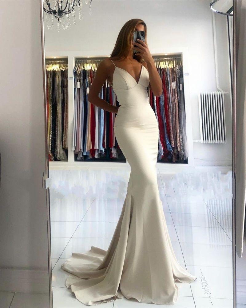Spaghetti-Straps V-Neck Mermaid Long Prom Dress Elegant - lulusllly