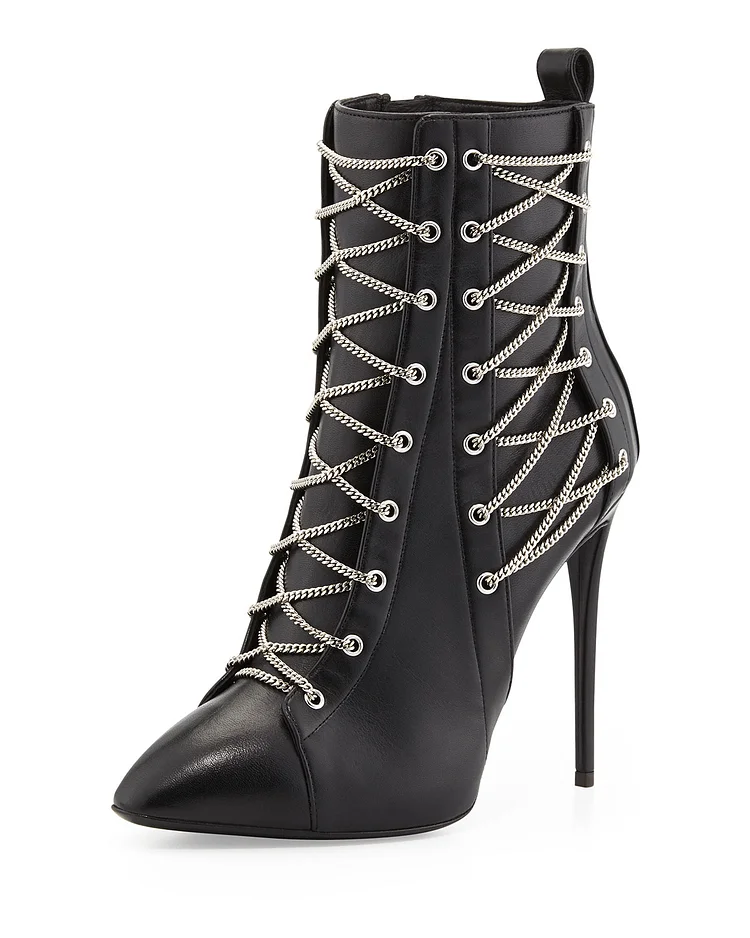 Black Stiletto Boots Fashion Ankle Boots with Metal Chains |FSJ Shoes
