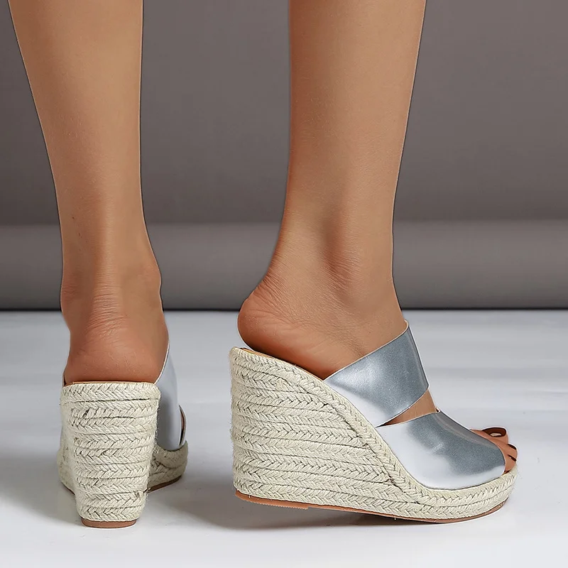 Wongn Wongn High Heel Thick Bottom Cool Slippers Female Dew Toe Grass Knitting Hemp Rope Bottom