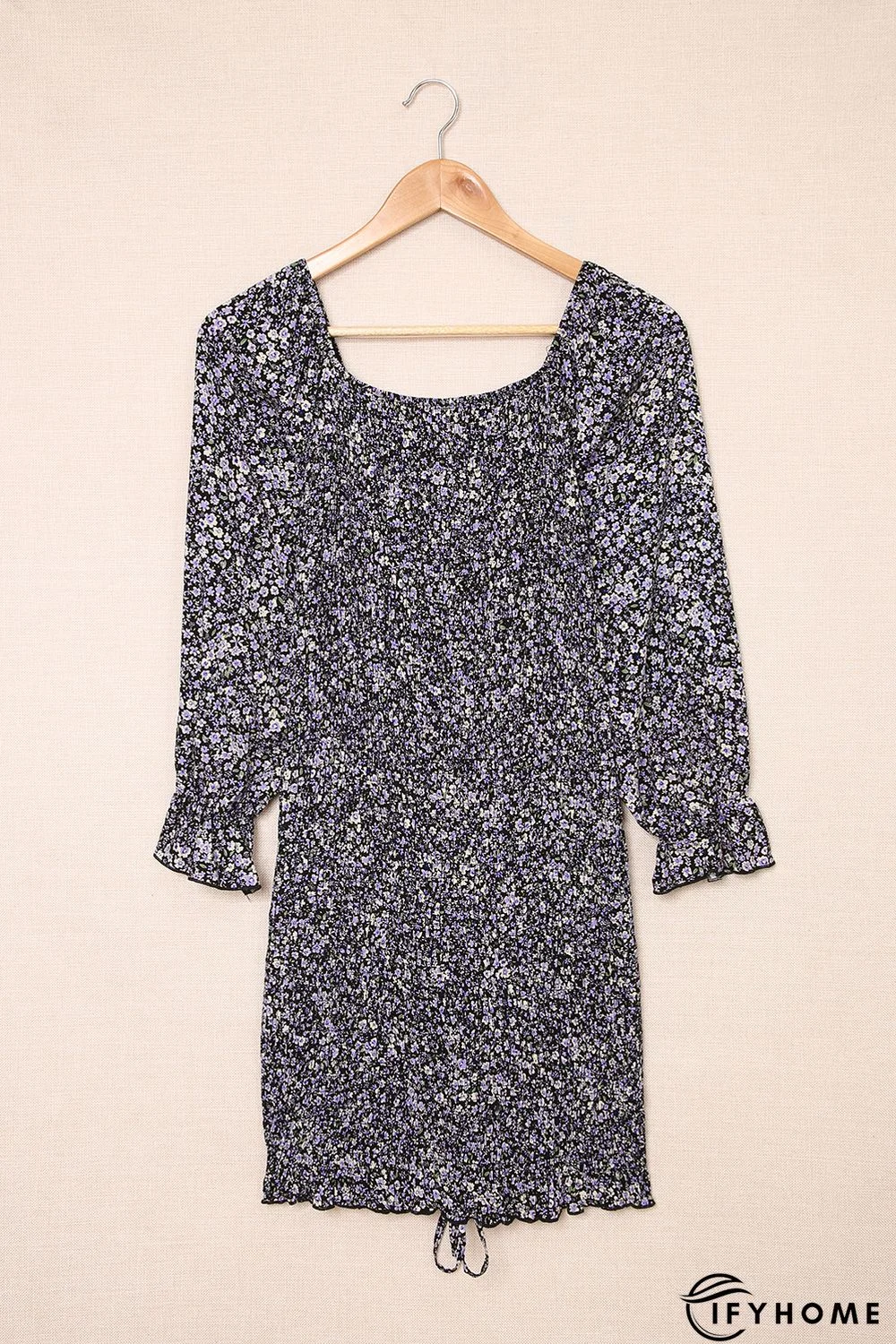 Purple Floral Print Shirred Slim-fit Long Sleeve Mini Dress | IFYHOME