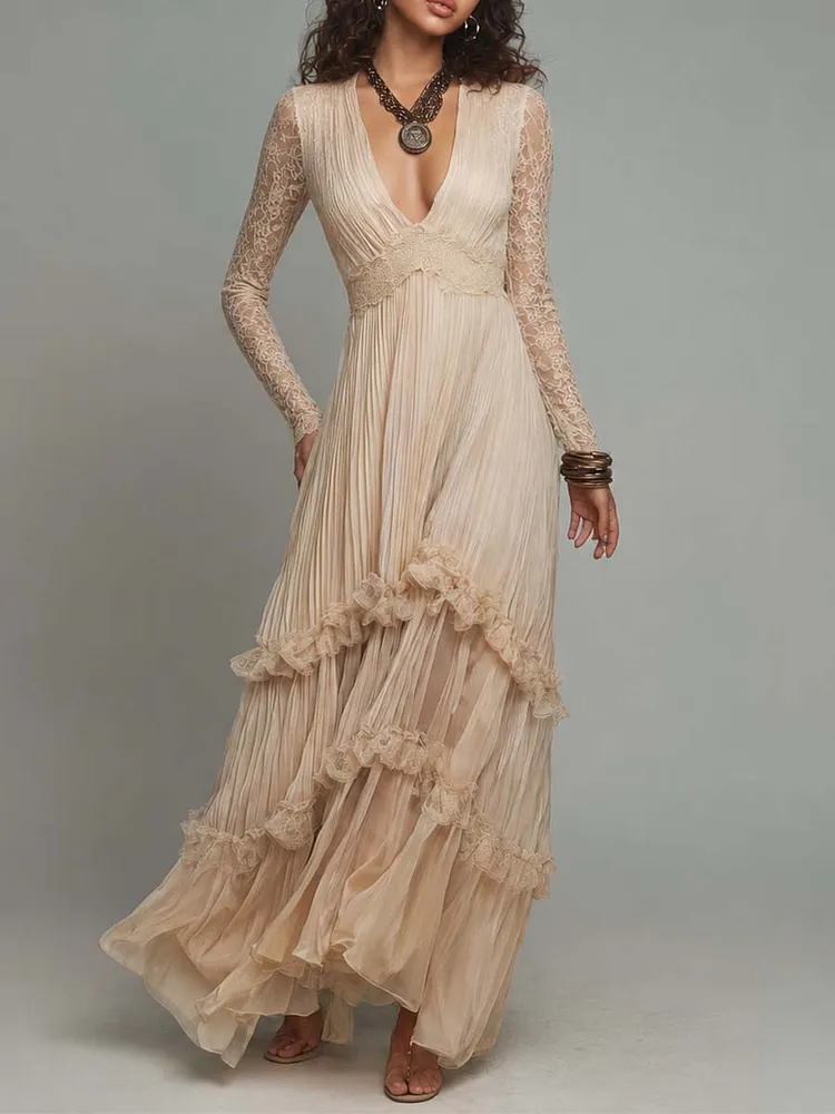 Boho Lace Long Sleeve Waist Lace Trim Ruffle Tiered Pleated Chiffon Maxi Dress
