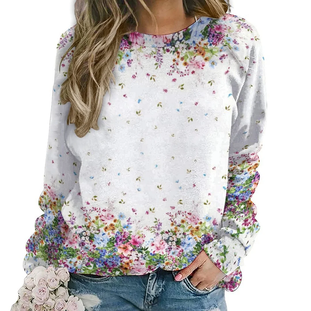 Printed Long Sleeve Casual Sweatshirt for  Women and Men Unisex Pattern Floral, Red, Green, Colorful