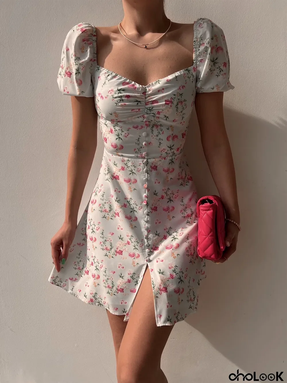 Women'S Summer Fashion Puff Sleeve Floral Square Neck Button Decoration Mini Summer Female Dress