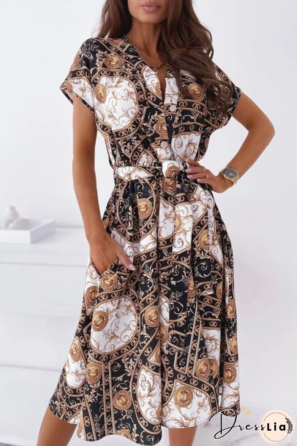 Fashion Elegant Print Buckle With Belt V Neck A Line Dresses
