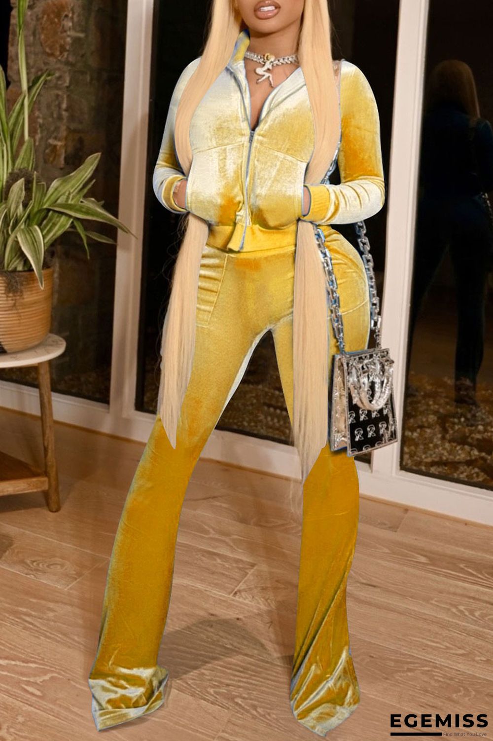 Yellow Fashion Street Solid Patchwork O Neck Long Sleeve Two Pieces | EGEMISS