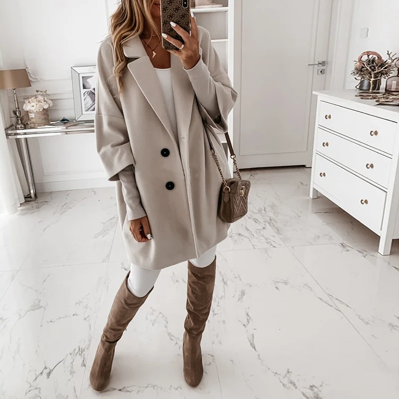 Buttoned Lapel Pocket Woolen Coat