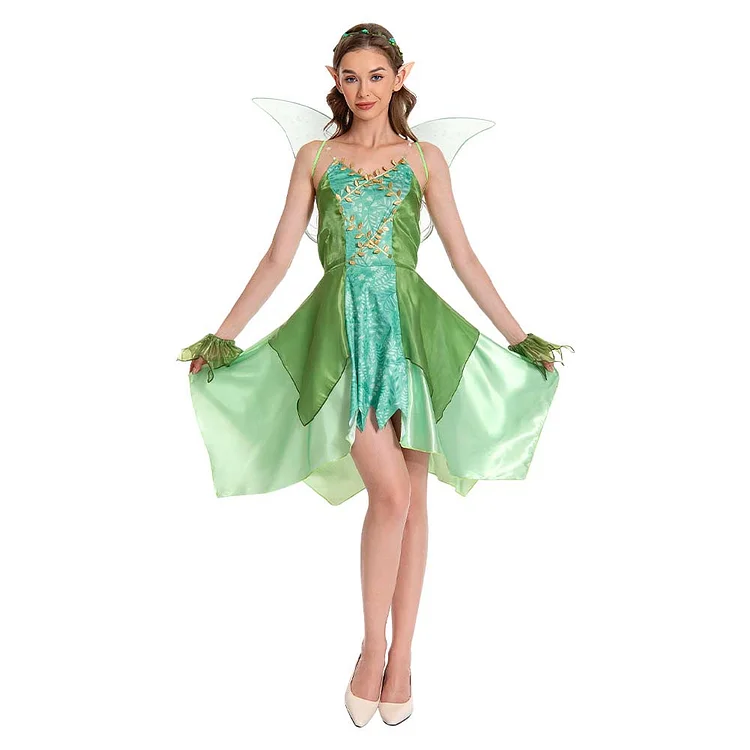 Adult Women Fairy Elf Green Dress Wing Set Outfits Cosplay Costume Halloween Carnival Suit