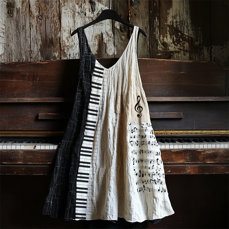 Simpfit Nachahmung aus Baumwolle und Leinen Vintage-Kleid mit Musiknoten und Klaviermotiv