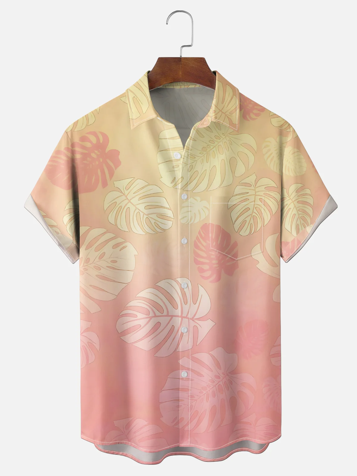 Moisture-wicking Palm Leaf Gradient Chest Pocket Hawaiian Shirt PLUSCLOTHESMAN
