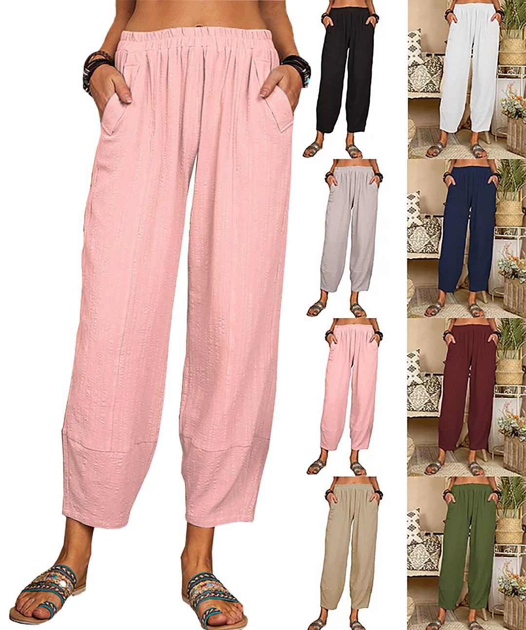 Summer solid colour loose cotton linen casual trousers