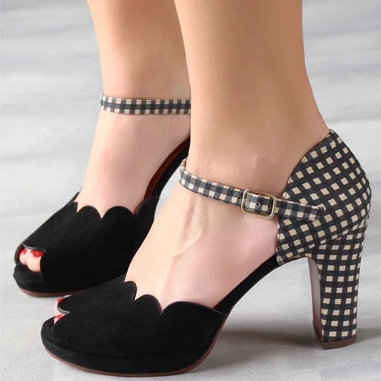Women's Lelia Black Vegan Suede Ruffle Chunky Heels Peep Toe Plaid Mary Jane Pumps |FSJ Shoes