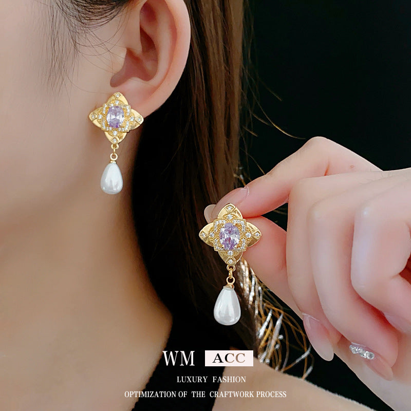 Luxurious Flower Droplet Flower Artificial Pearl Zircon Inlay Earrings