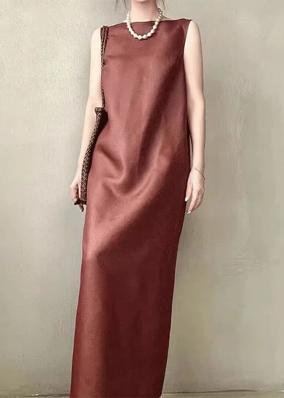 Elegant Red Pockets Back Side Open Silk Long Dress Sleeveless