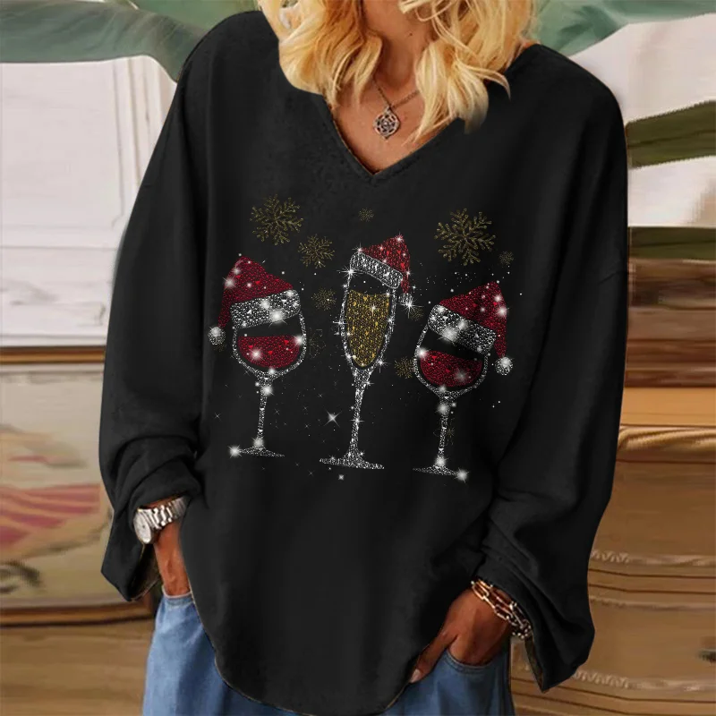 Golden Snowflake Glittering Glasses Print Chic Long Sleeve Tee