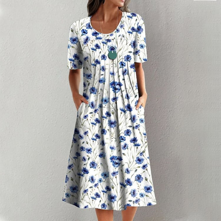 Vintage Floral Print Short Sleeves Crew Neck Midi Dress