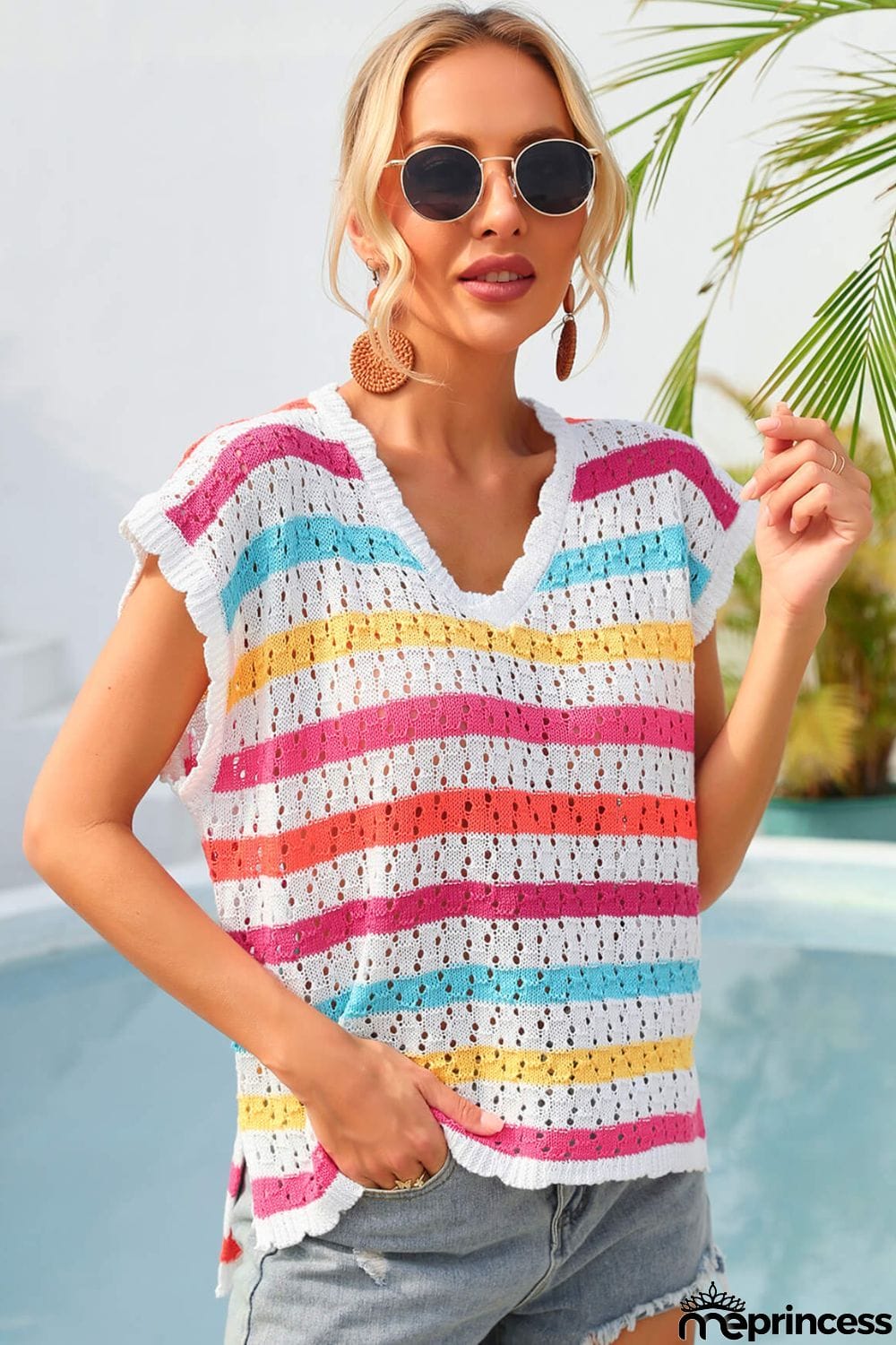 Striped V-Neck Slit Cover Up