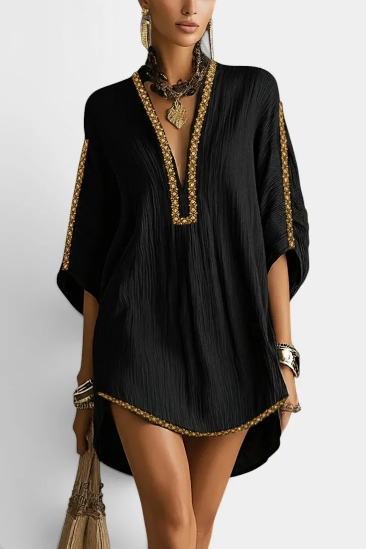 V-Neck Mini Dress with Embellished Batwing Sleeves