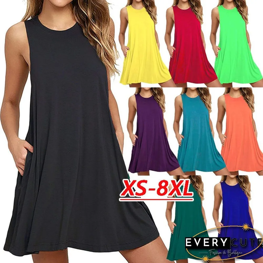 Plus Size XS-8XL Summer Women Casual Round-neck Solid Color Loose Sleeveless Beach Tank