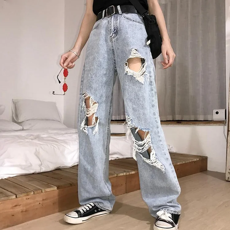 VINTAGE HIGH WAIST RIPPED JEAN BLUE PANTS V009