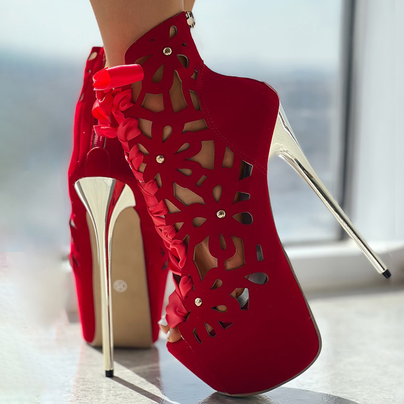 GOOSHOE Red Lace-Up Peep Toe Platform Stiletto Boots
