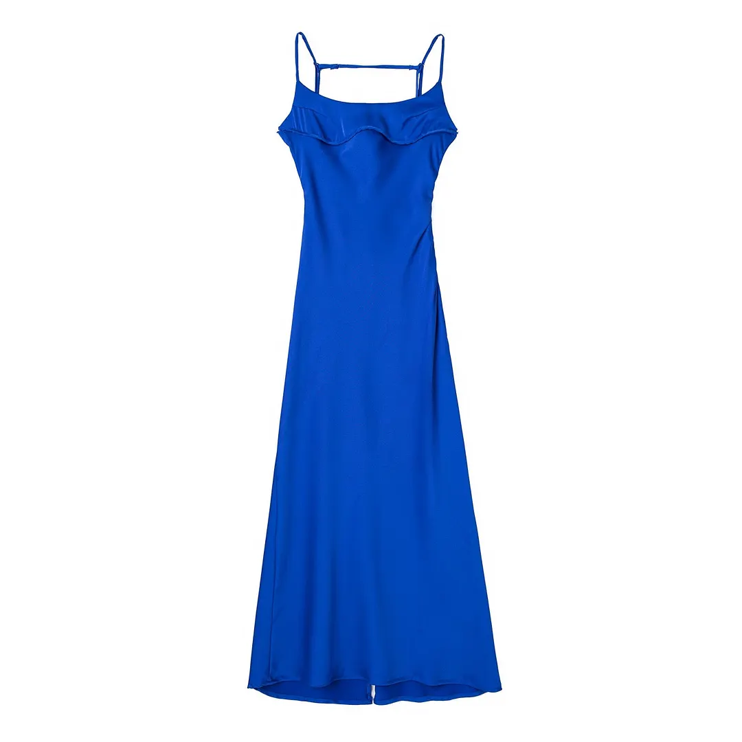 Jacqueline 2022 Stain Sexy Backless Elegant Party Dresses Women Split Spaghetti Strap Midi Bodycon Dress Swinging Robe Summer