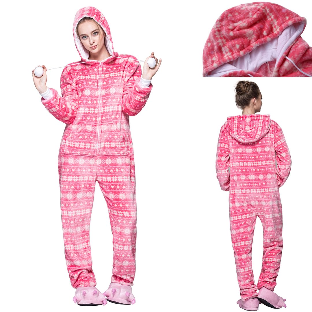 Adult Pink Snowflake Hooded Onesie Pajamas-Pajamasbuy
