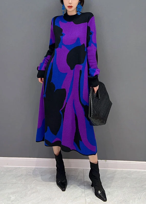 Stylish Purple Hign Neck Print Thick Knit Dress Winter