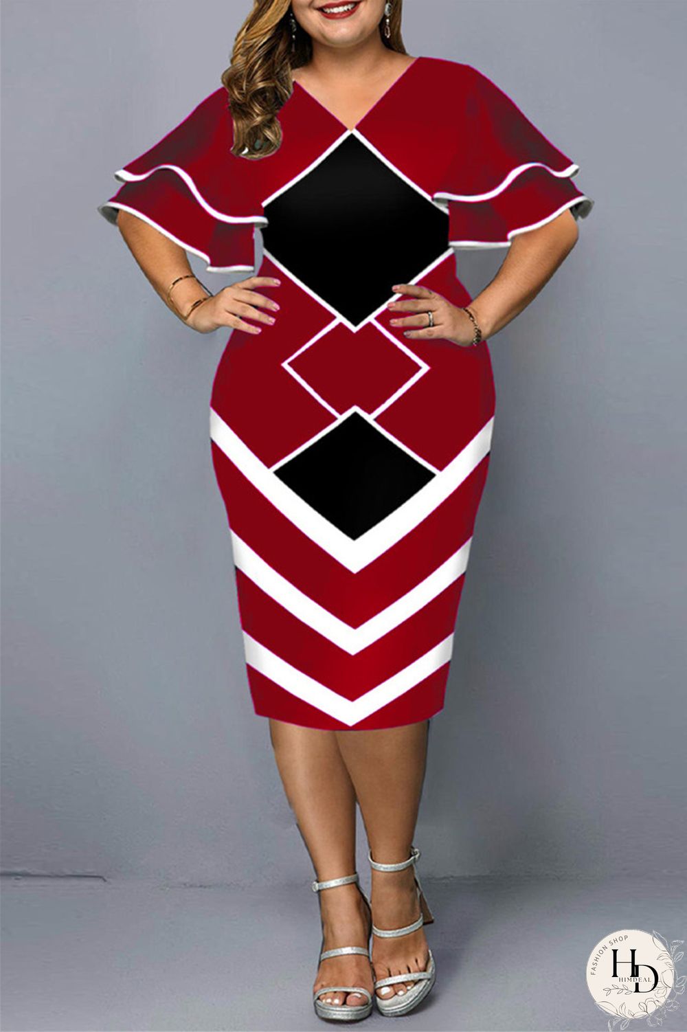 Yellow Fashion Casual Plus Size Print Basic V Neck Short Sleeve Dress