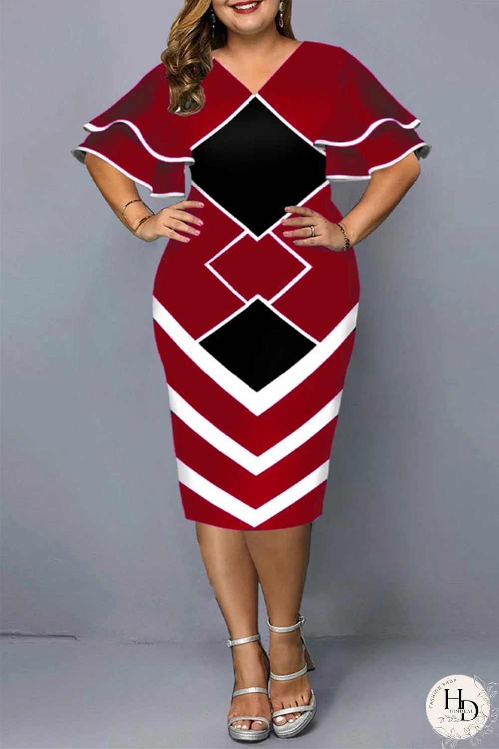 Yellow Fashion Casual Plus Size Print Basic V Neck Short Sleeve Dress