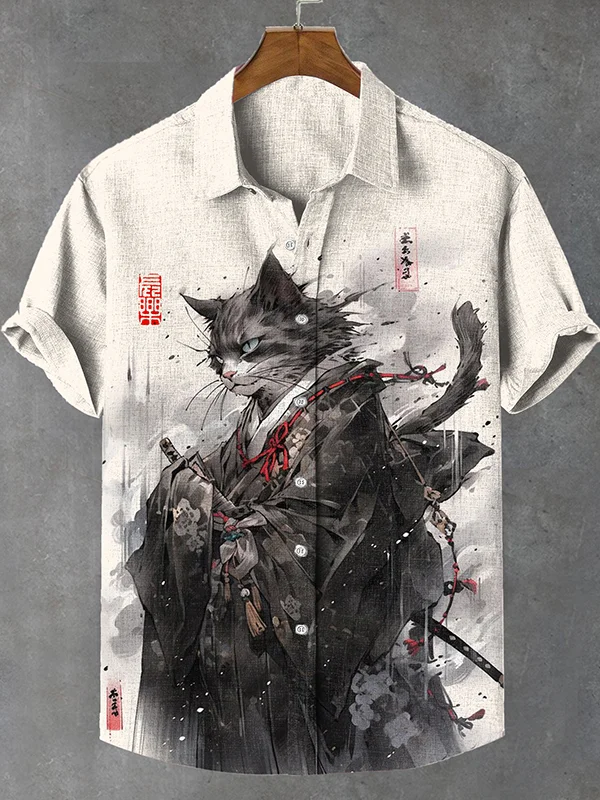 Men's Japanese Samurai Cat Ink Painting Print Linen Blend Shirt
