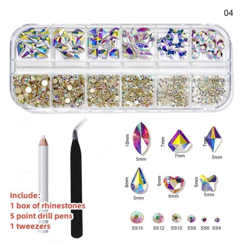 Multi-Size Nail Rhinestones Kit 3D Crystal AB DIY Nail Art Decors Diamond Gems Glitter Manicure Point Drill Pen Tweezers Tools #