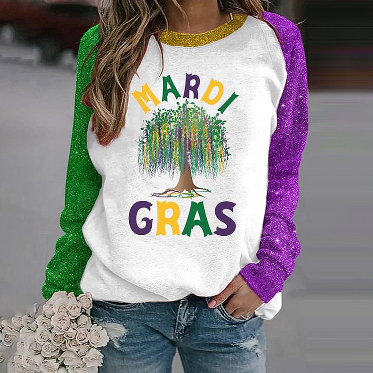 VChics Watercolor Mardi Gras Bead Tree Round Neck Long Sleeve Sweatshirt