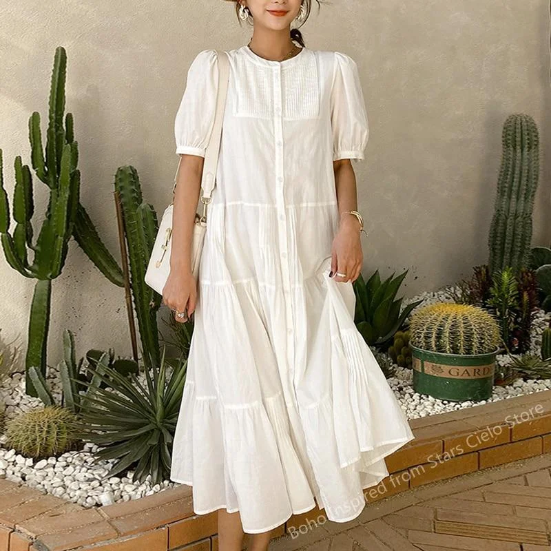 Boho Inspired white cotton pleated summer dress buttons puff sleeve dress high street plus size dresses women boho beach dress