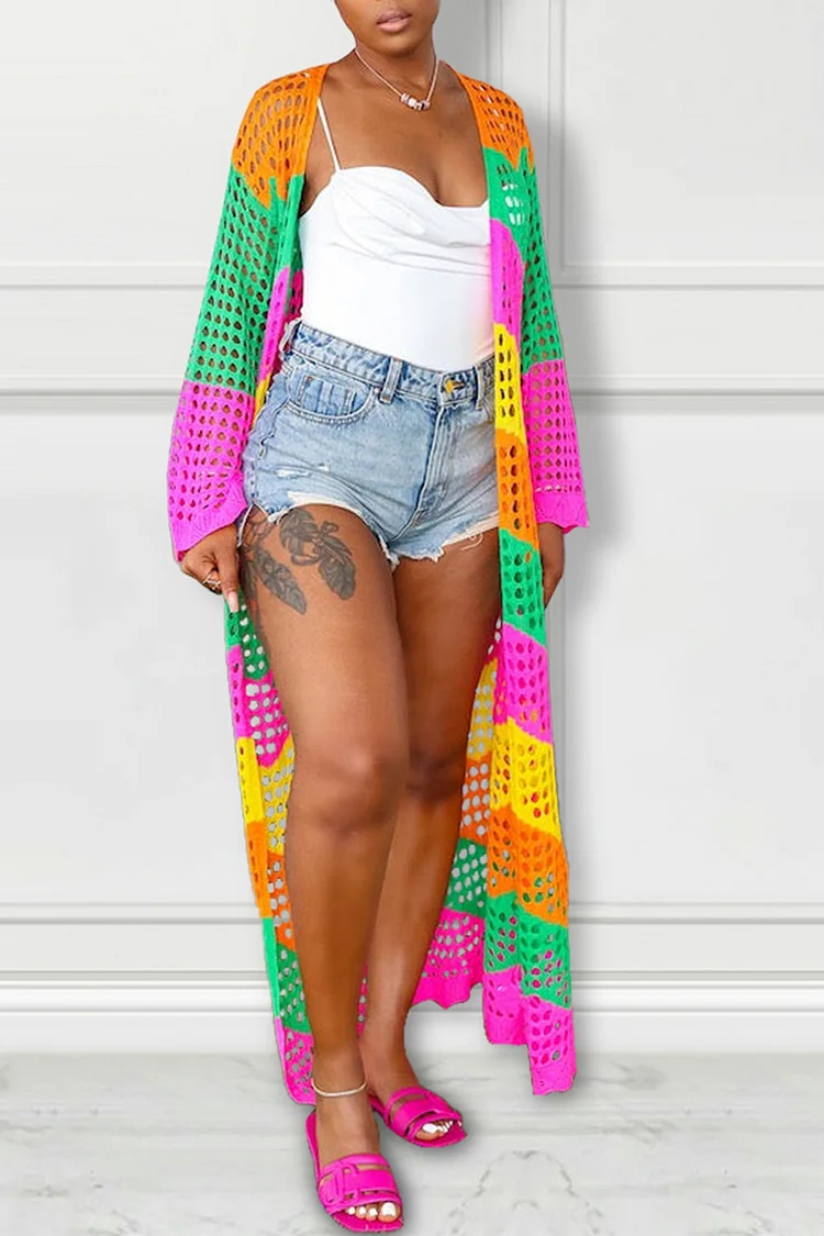 Xpluswear Plus Size Multicolor Vacation Crochet Rainbow Long Sleeve Outwear