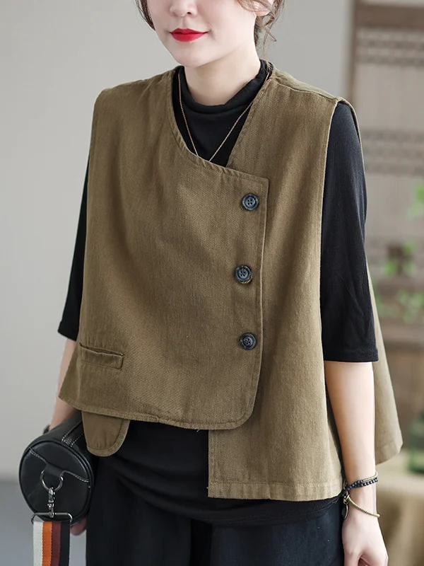 Vintage Asymmetric Pure Color Buttoned Vest Top