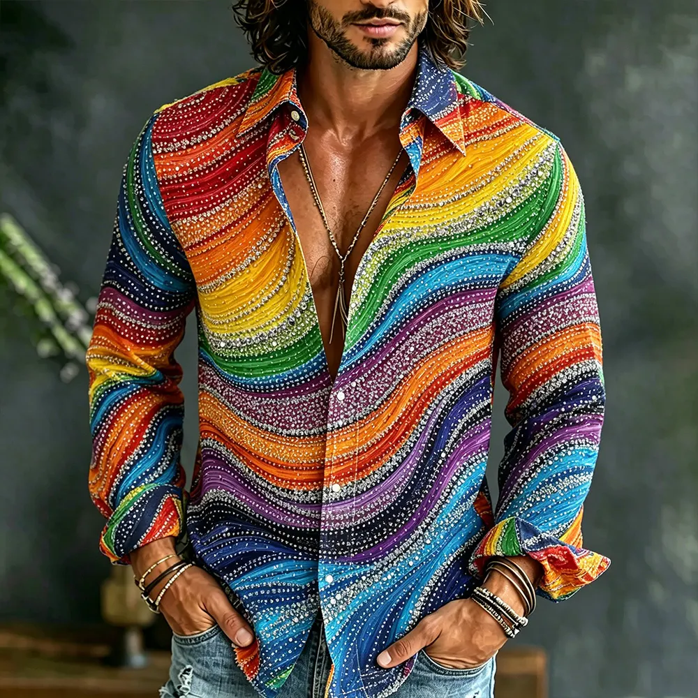 Comstylish Men's Hippie Color-block And Rhinestone Art Print Casual Long-sleeve Shirt