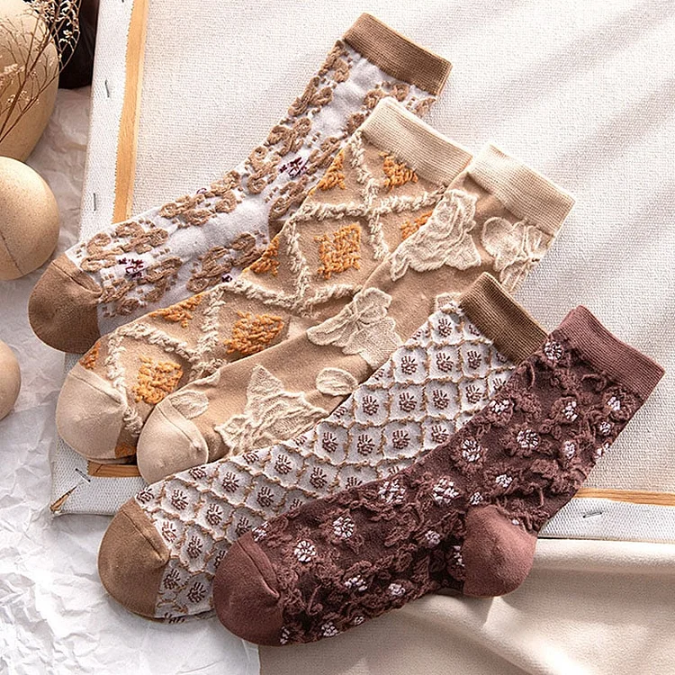 Women's retro three-dimensional embossed geometric floral mid-calf socks (pack of 5 pairs)