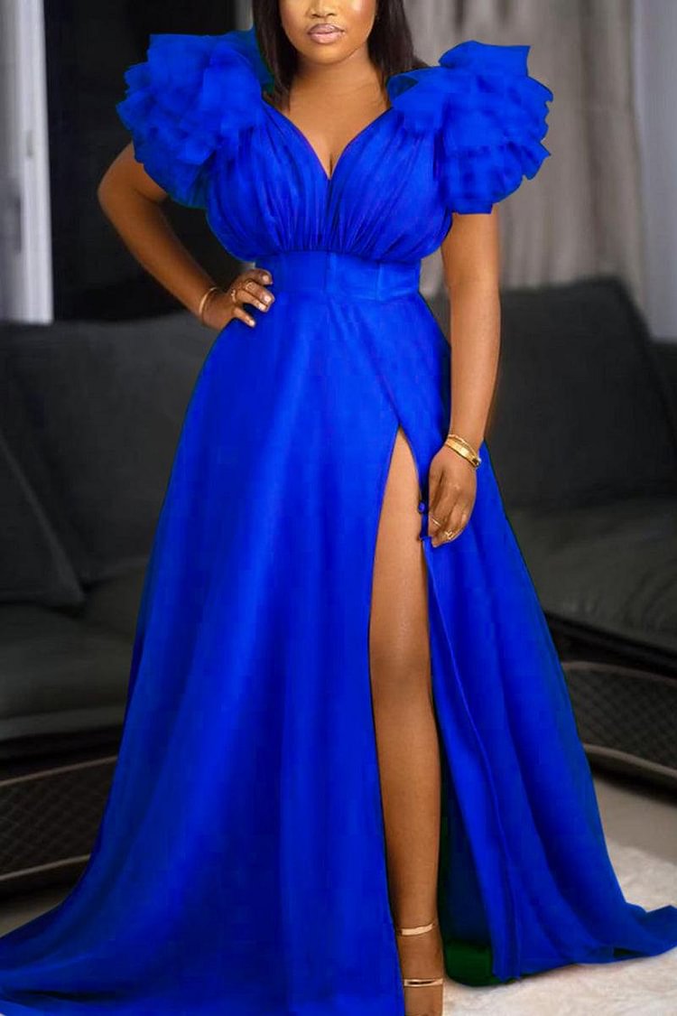 Lace and Tulle Floor Length Dress with V neck Royal Blue Plus Size