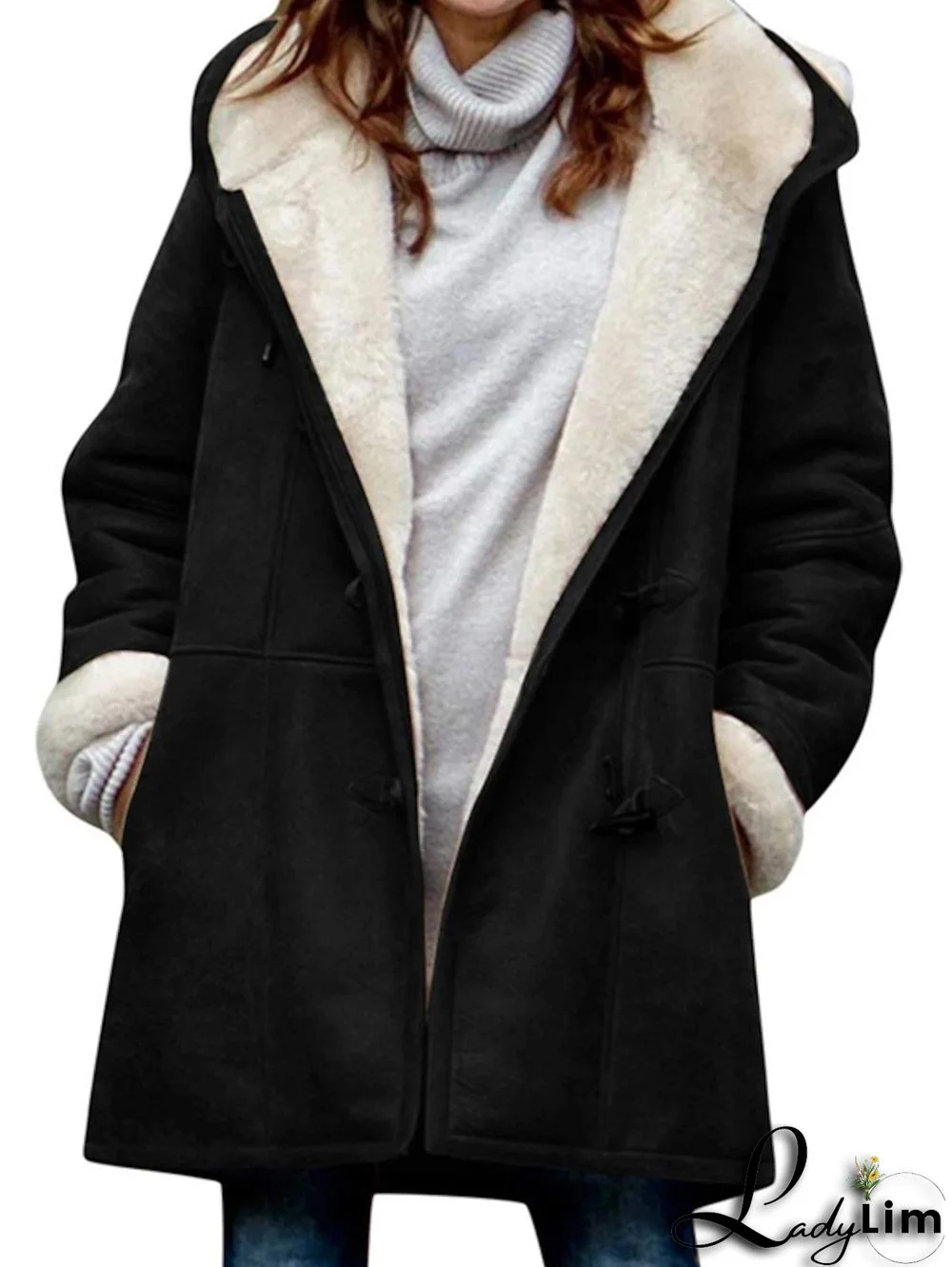 Daily Long Sleeve Plush Lined Toggle Buttons Hooded Coat