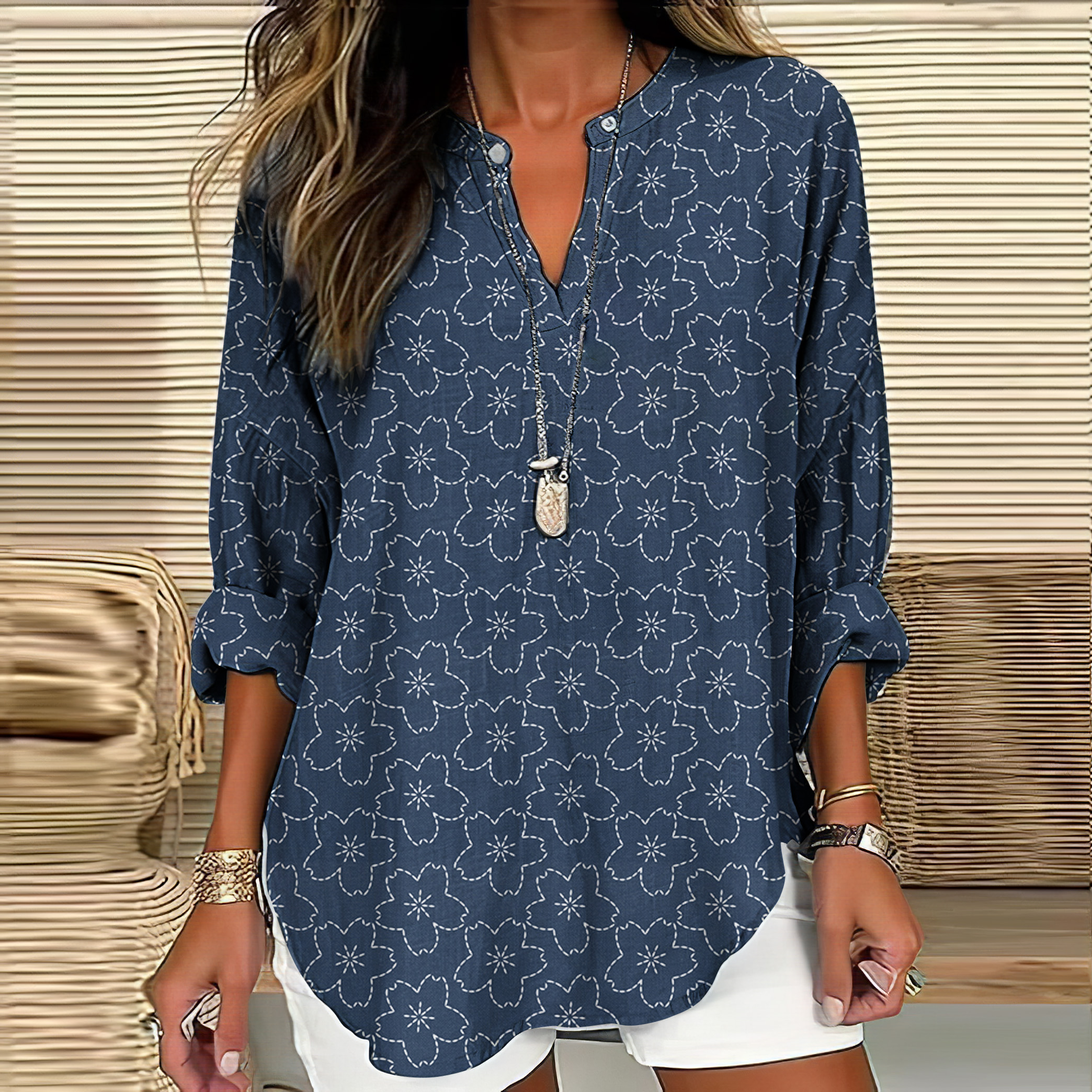 Comstylish Cherry Blossom Japanese Art Linen Blend Tunic