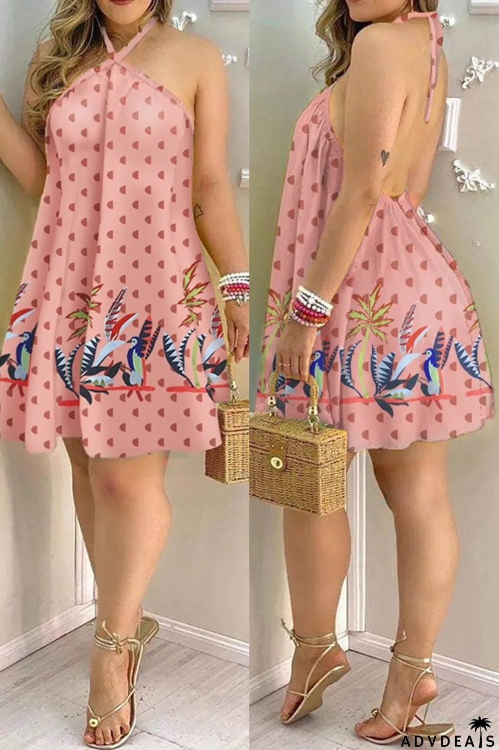 Black Fashion Casual Print Bandage Backless Halter Sleeveless Dress