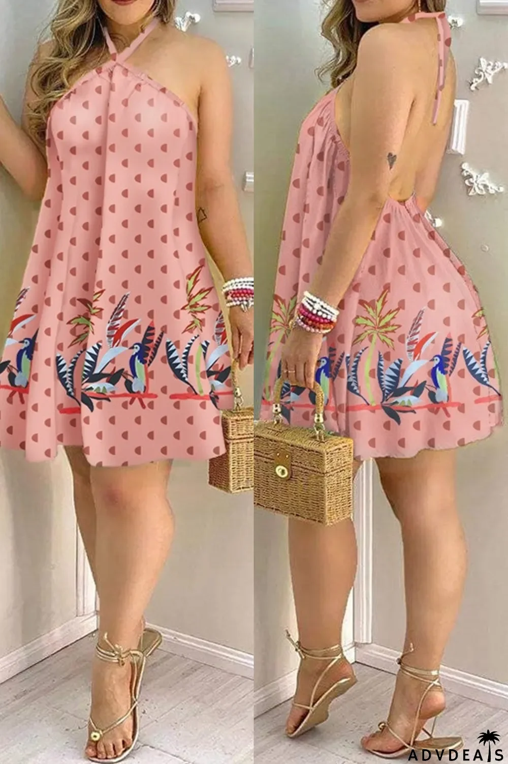 Black Fashion Casual Print Bandage Backless Halter Sleeveless Dress