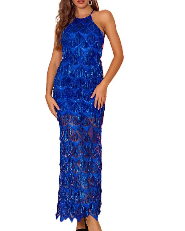 Women's A Line Dress Maxi Long Dress Black Blue Red Blushing Pink Sleeveless Solid Color Backless Sequins Summer Round Neck Elegant Sexy