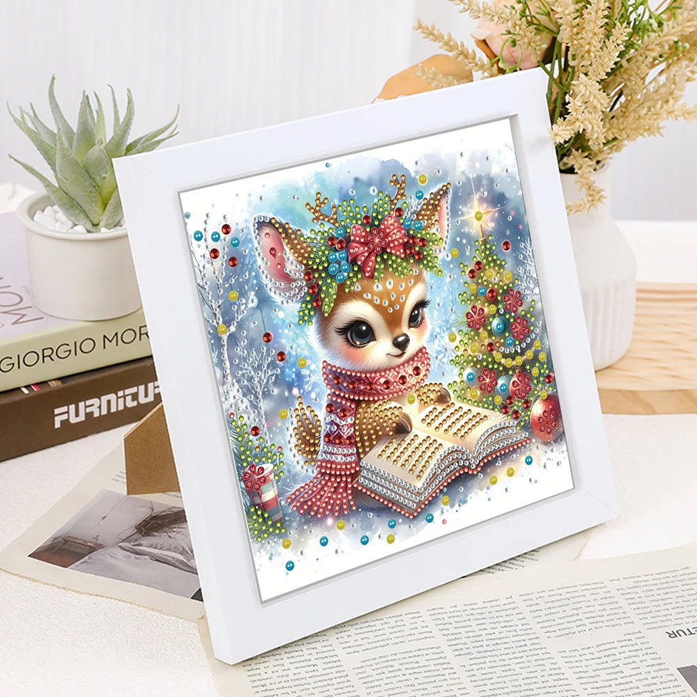 5D DIY Partial Special Shaped Drill Diamond Painting Christmas Deer Reading Home Kit 19.2x19.2cm【With Frame】